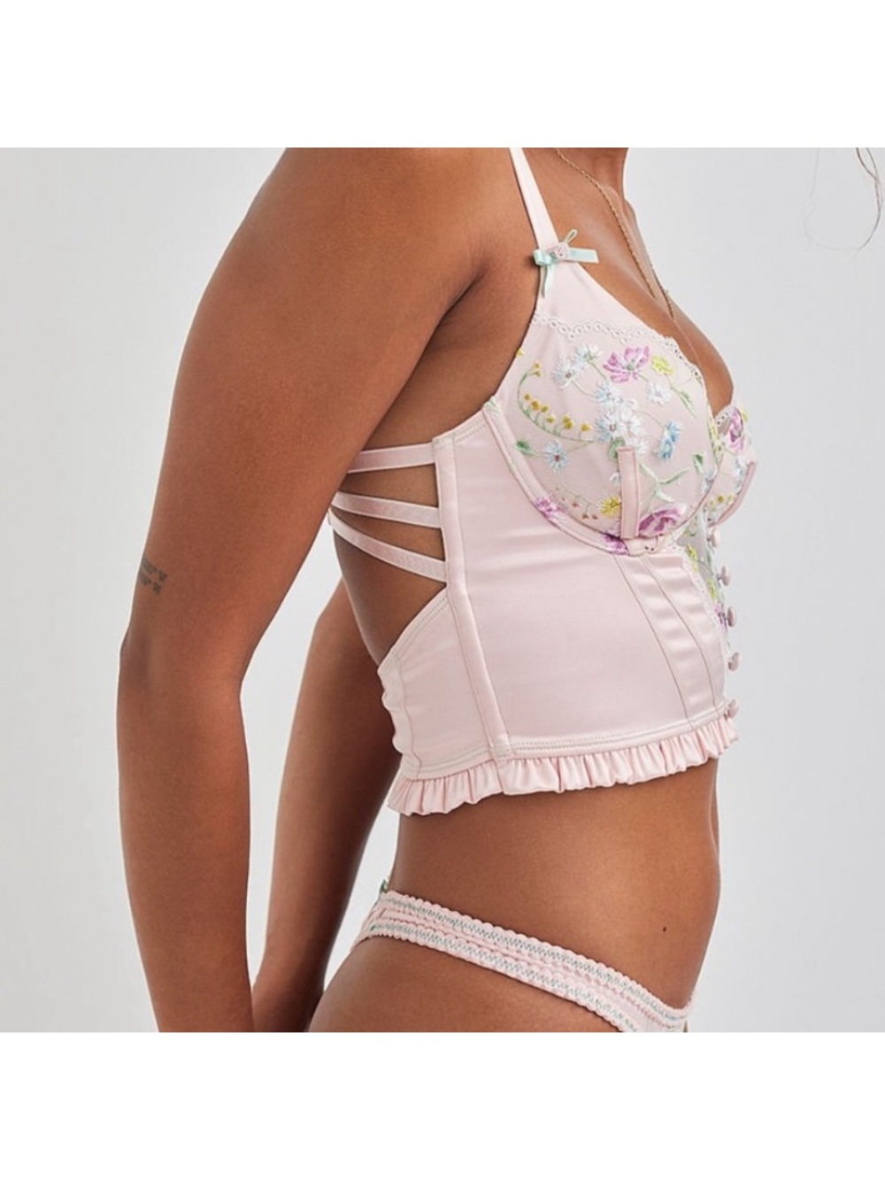 For Love and Lemons Delicate Pink Lace Bustier and Thong Set - Picture 5 of 10